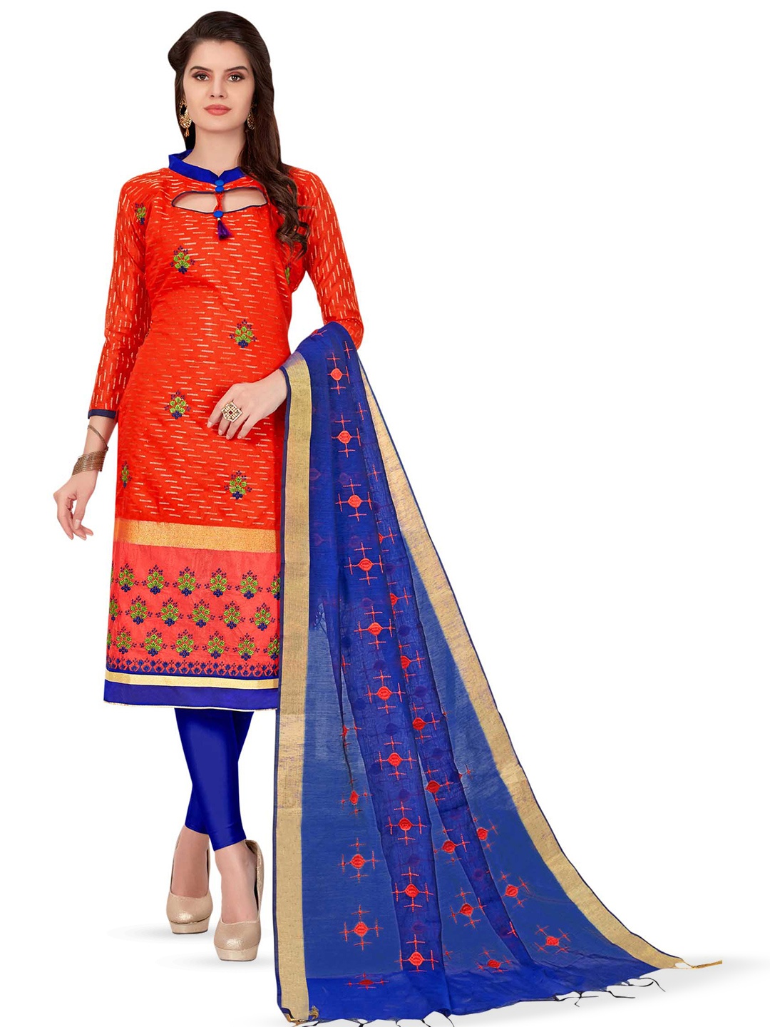 

MANVAA Floral Embroidered Pure Cotton Unstitched Dress Material, Orange