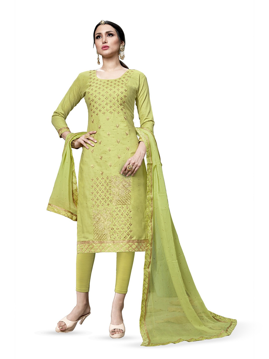 

MANVAA Ethnic Motifs Embroidered Sequined Pure Cotton Unstitched Dress Material, Green