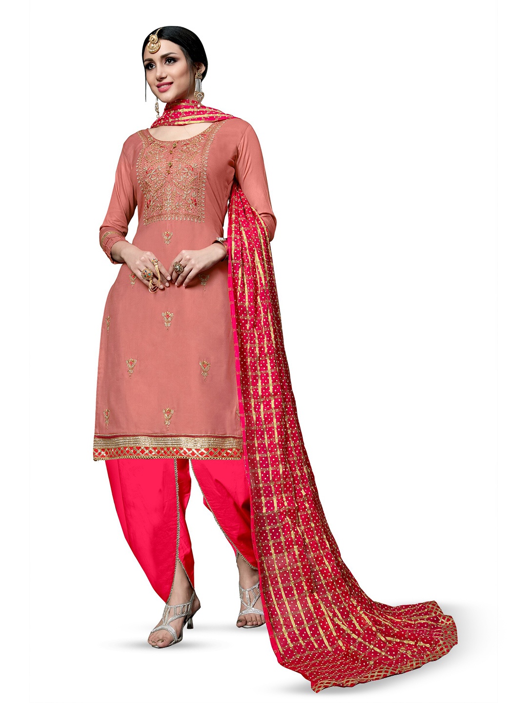 

MANVAA Ethnic Motifs Embroidered Pure Cotton Unstitched Dress Material, Peach