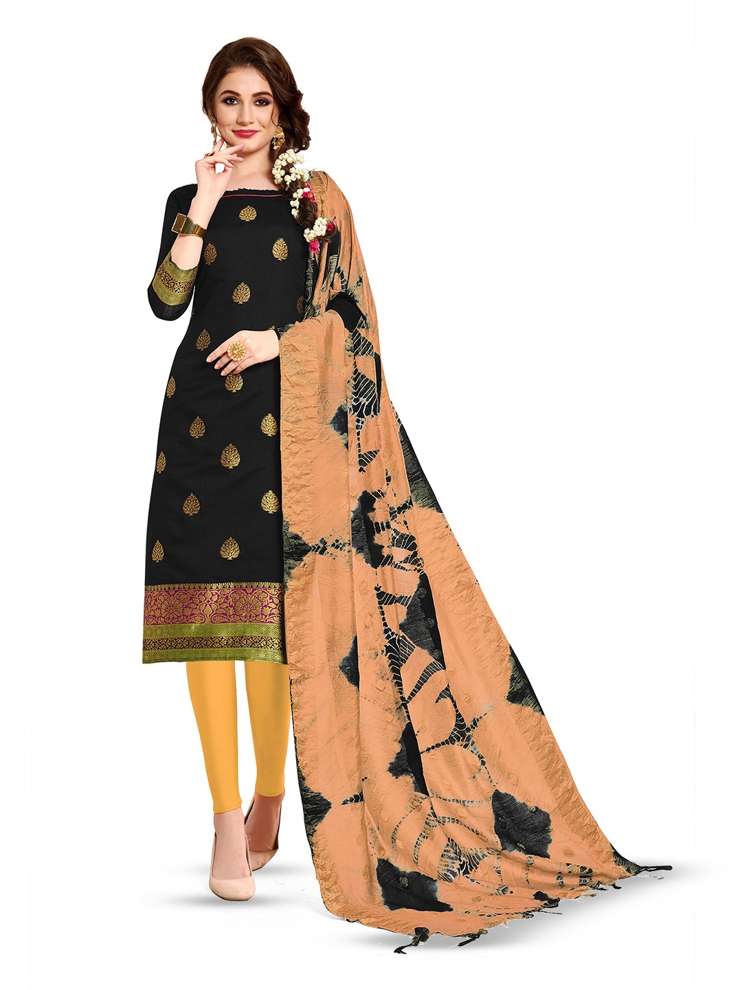 

MANVAA Floral Woven Design Unstitched Dress Material, Black