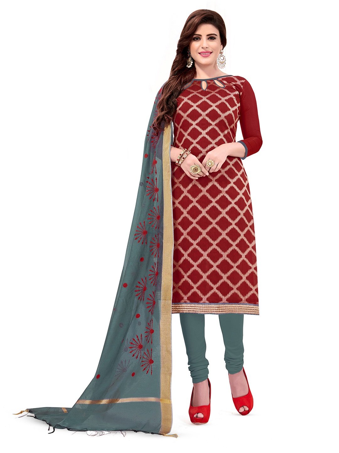 

MANVAA Woven Design Unstitched Dress Material, Maroon