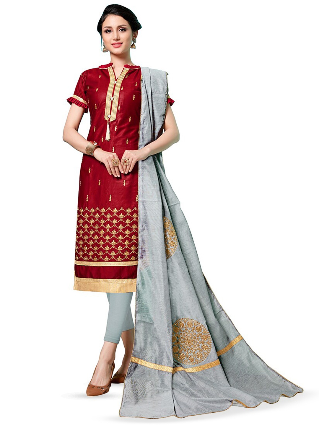 

MANVAA Ethnic Motifs Embroidered Pure Cotton Unstitched Dress Material, Maroon