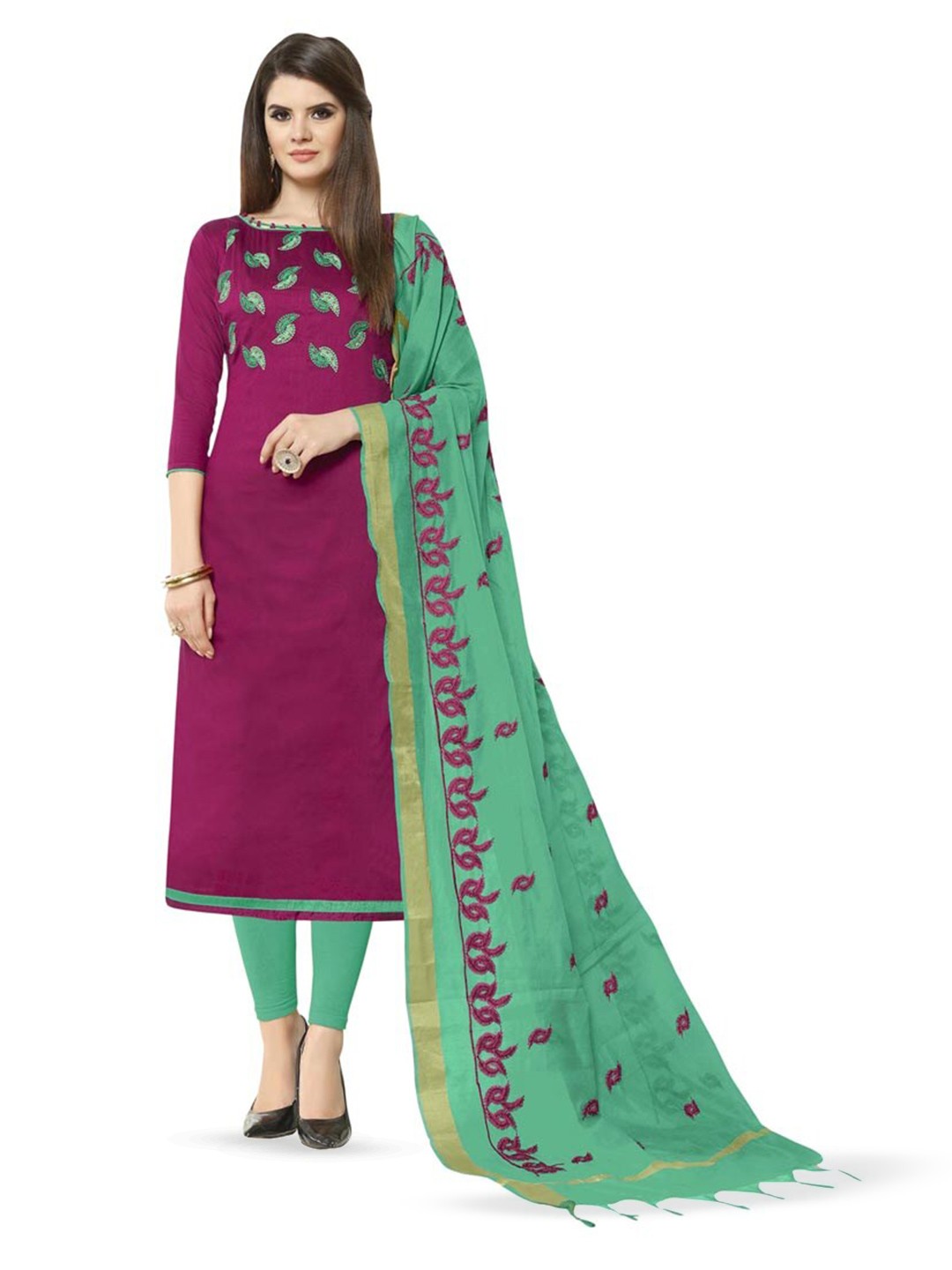 

MANVAA Floral Embroidered Zari Unstitched Dress Material, Purple