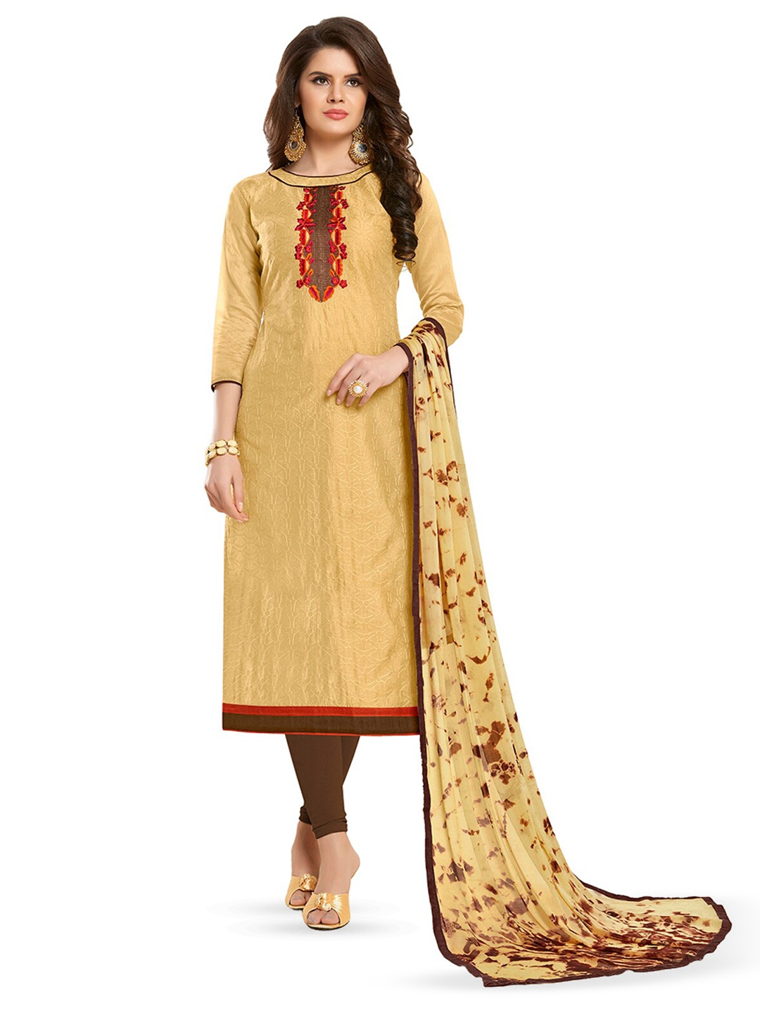 

MANVAA Abstract Printed Thread Work Unstitched Dress Material, Beige