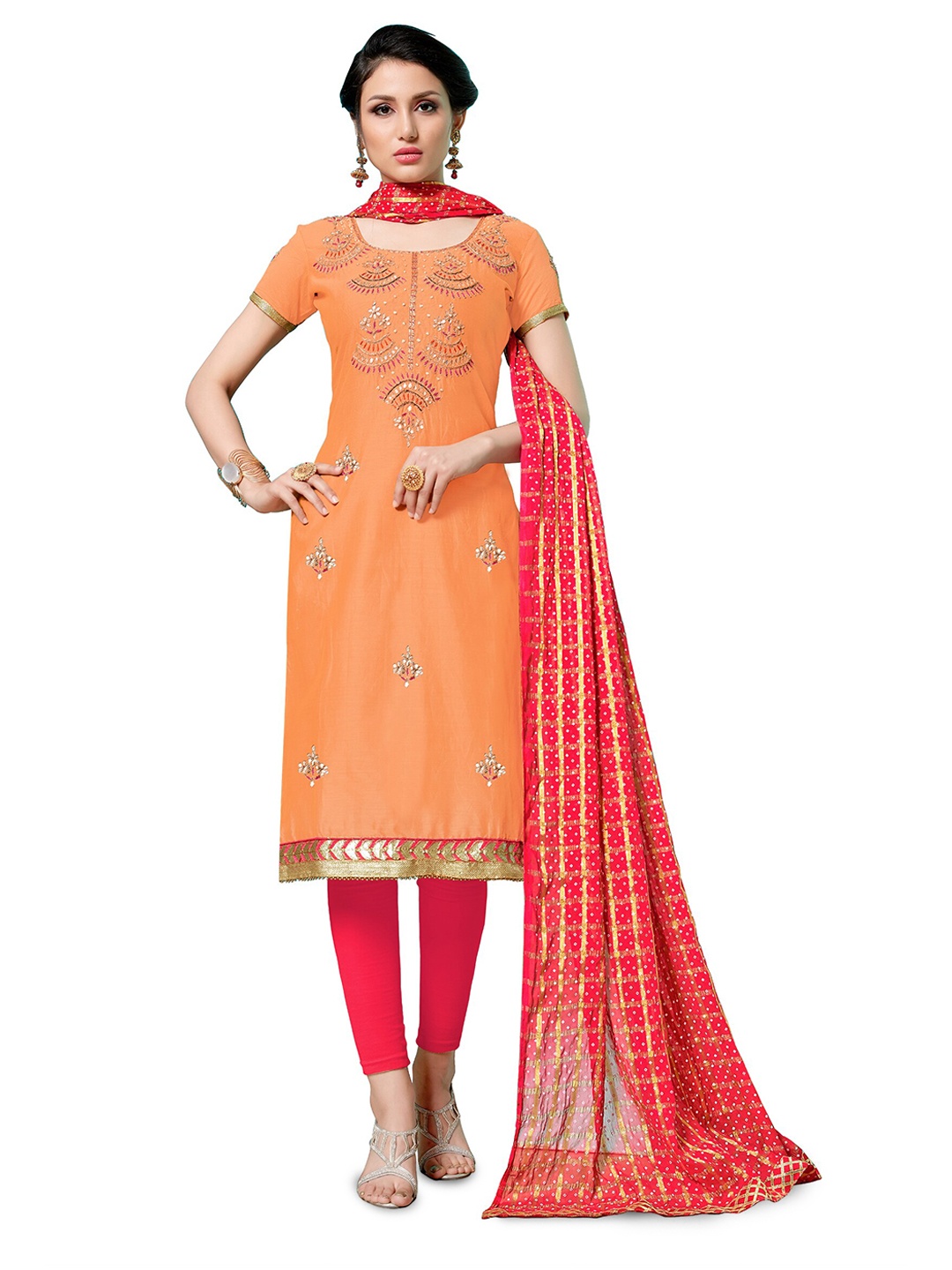 

MANVAA Ethnic Motifs Embroidered Thread Work Pure Cotton Unstitched Dress Material, Peach