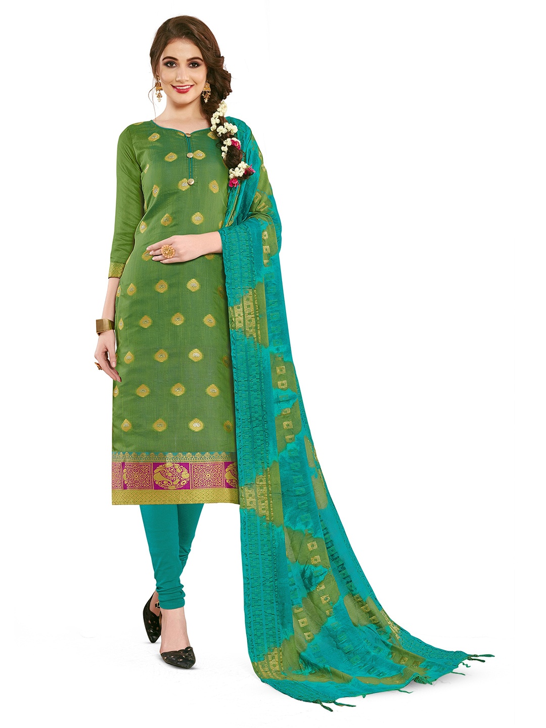 

MANVAA Ethnic Motifs Woven Design Banarasi Silk Unstitched Dress Material, Green