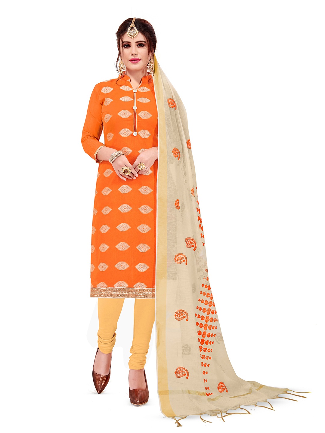 

MANVAA Geometric Woven Design Banarasi Jacquard Unstitched Dress Material, Orange