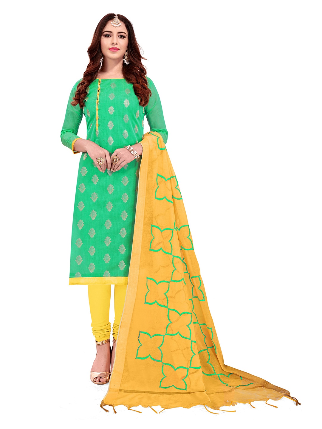 

MANVAA Ethnic Motifs Woven Designed Banarasi Jacquard Unstitched Dress Material, Green