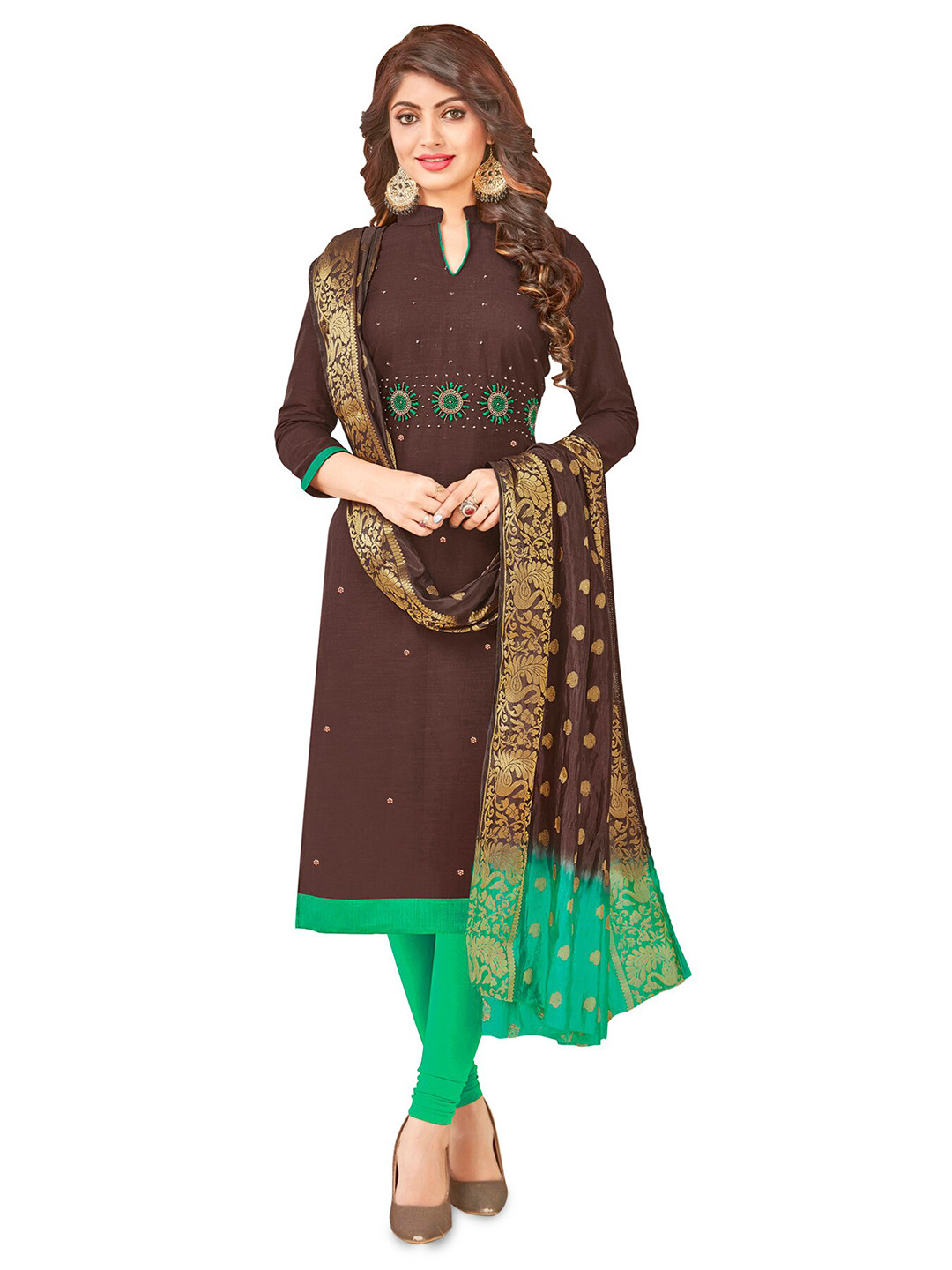 

MANVAA Embellished Unstitched Dress Material, Brown