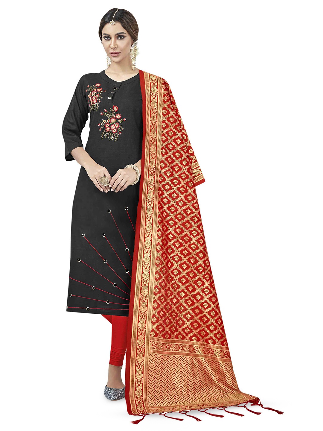 

MANVAA Floral Embroidered Unstitched Dress Material, Black