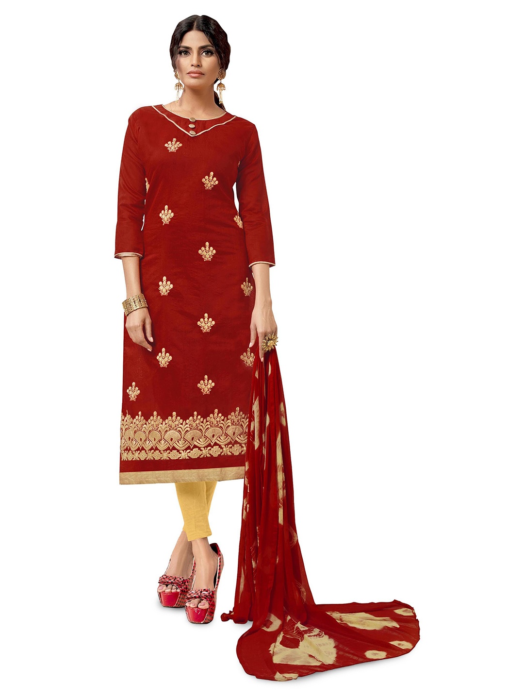 

MANVAA Floral Embroidered Unstitched Dress Material, Red