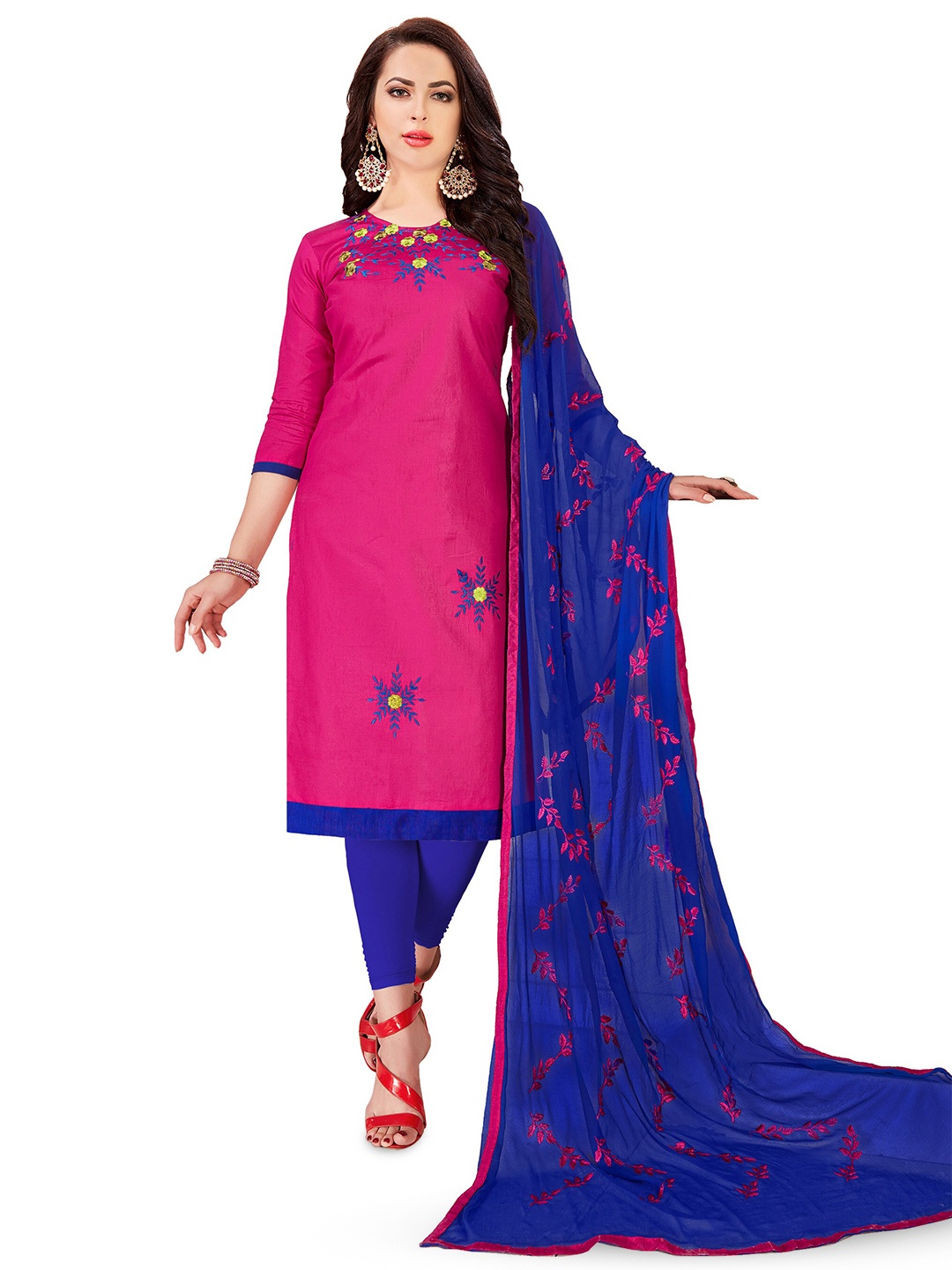 

MANVAA Floral Embroidered Unstitched Dress Material, Pink
