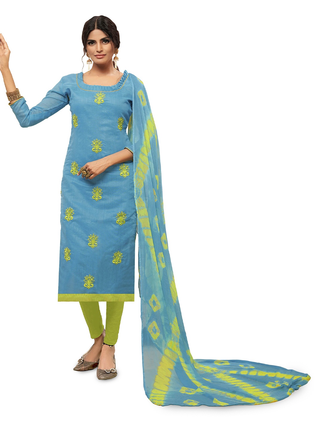 

MANVAA Ethnic Motifs Embroidered Modal Cotton Unstitched Dress Material, Blue