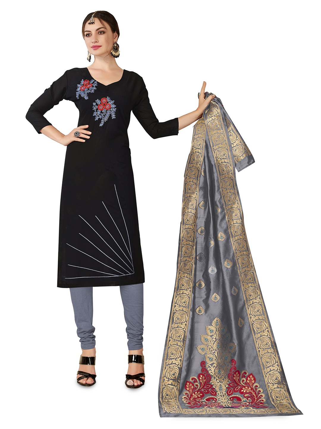 

MANVAA Floral Embroidered Unstitched Dress Material, Black