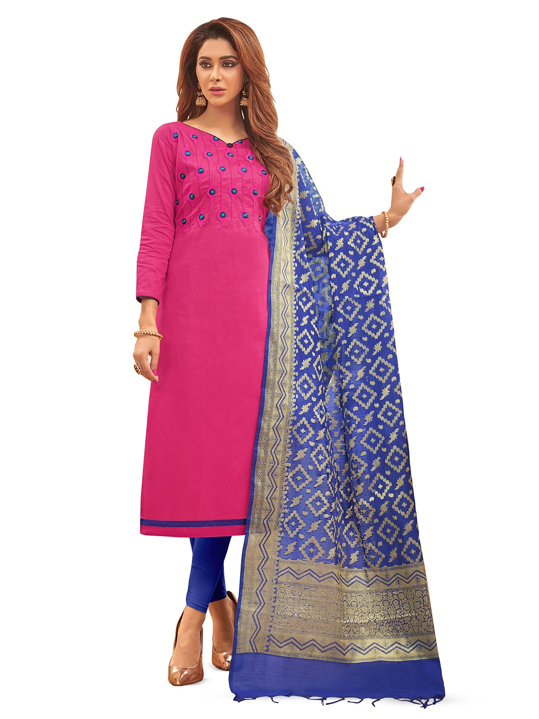 

MANVAA Ethnic Motifs Embroidered Unstitched Dress Material, Pink