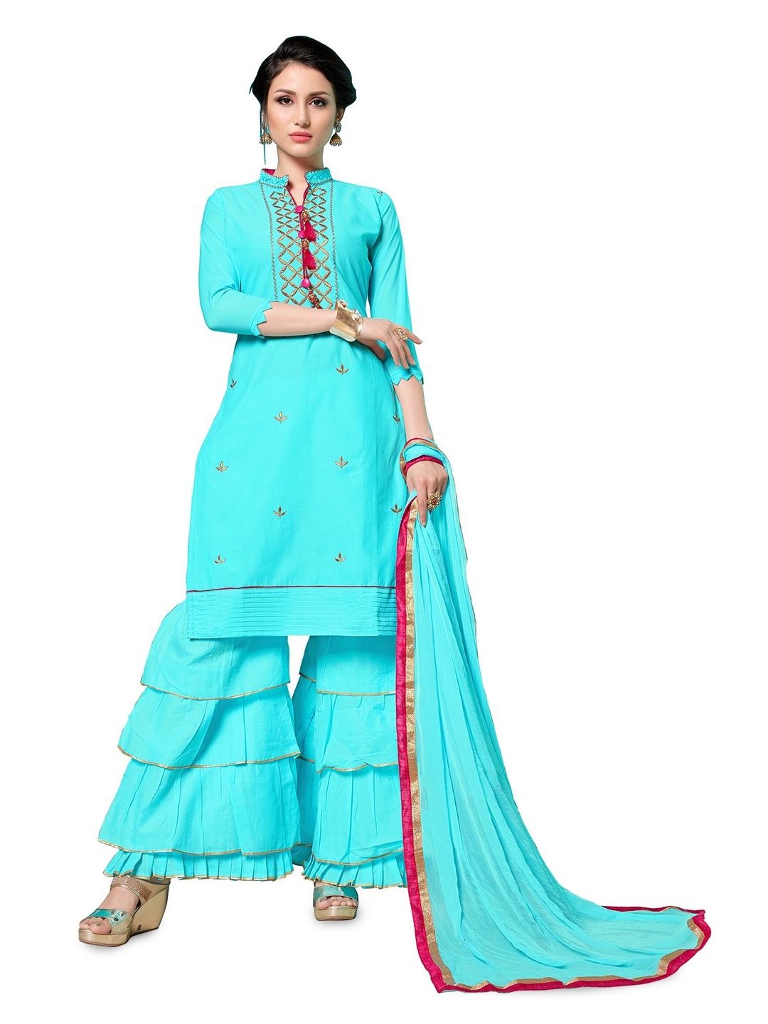 

MANVAA Ethnic Motifs Embroidered Pure Cotton Unstitched Dress Material, Blue