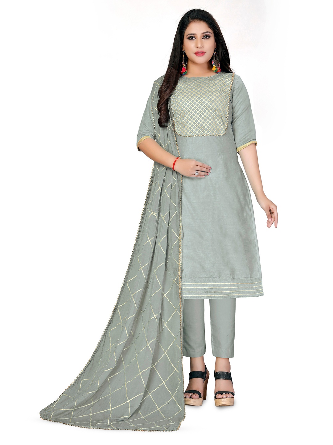 

MANVAA Geometric Yoke Designed Gotta Patti Modal Cotton Unstitched Dress Material, Grey