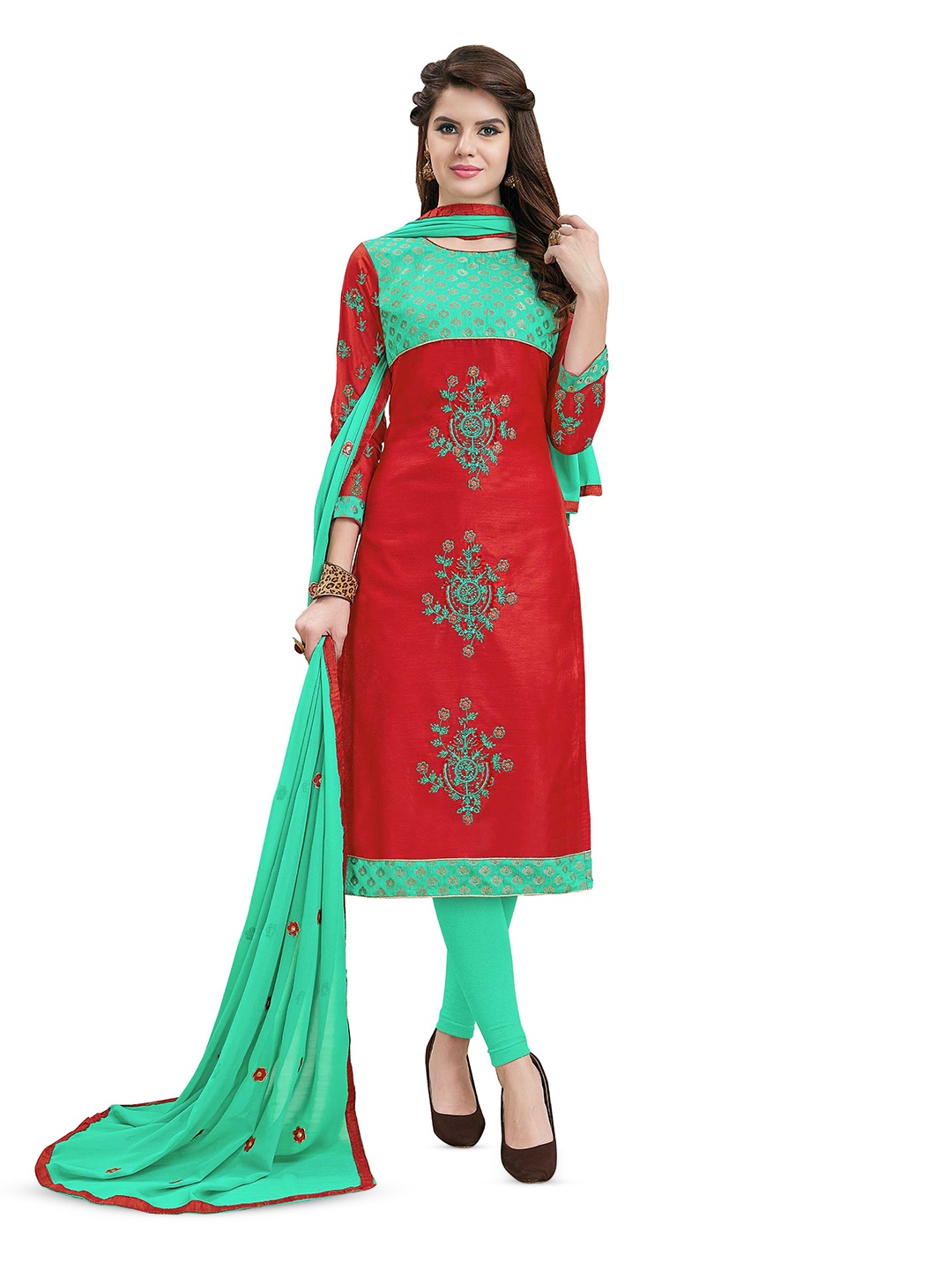 

MANVAA Floral Embroidered Unstitched Dress Material, Red