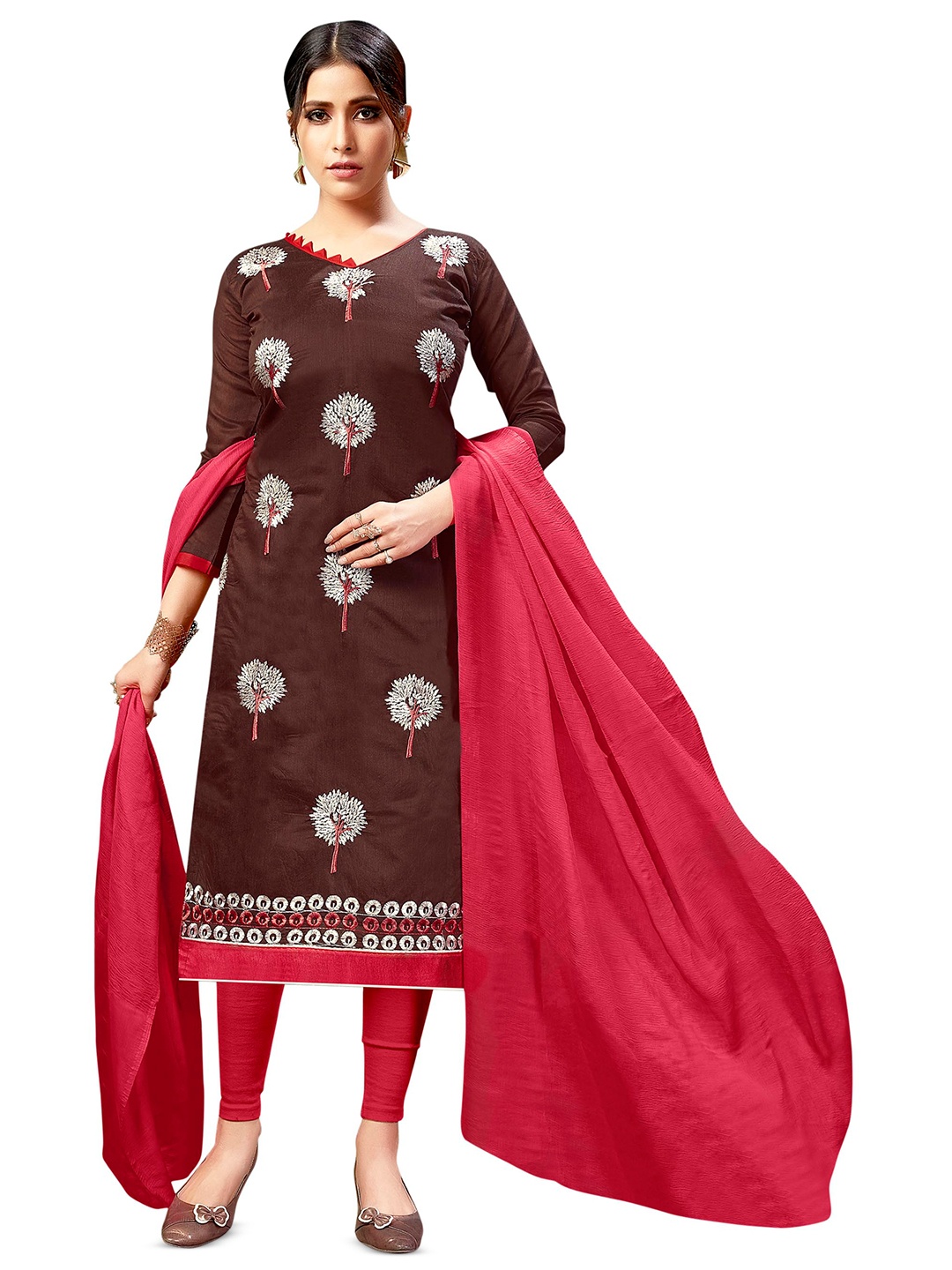 

MANVAA Floral Embroidered Chanderi Cotton Unstitched Dress Material, Brown