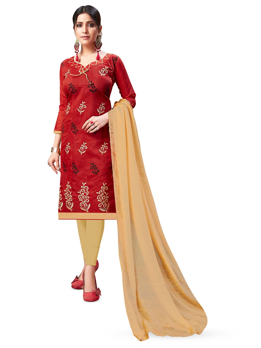 

MANVAA Ethnic Motifs Embroidered Unstitched Dress Material, Red