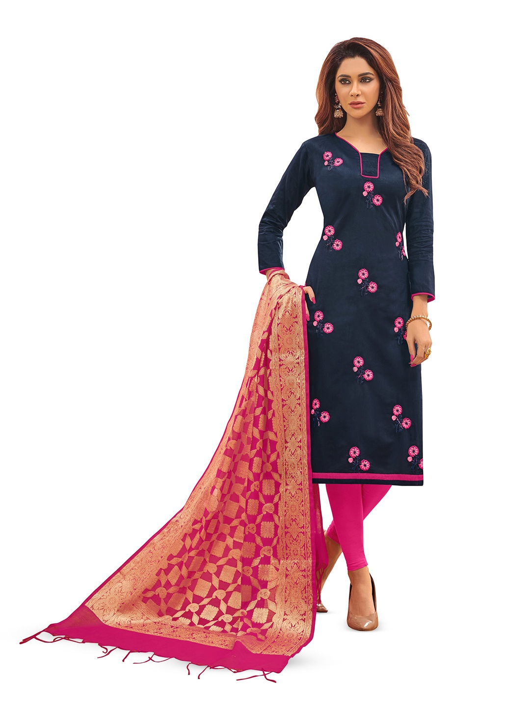 

MANVAA Ethnic Motifs Embroidered Thread Work Glaze Cotton Unstitched Dress Material, Navy blue