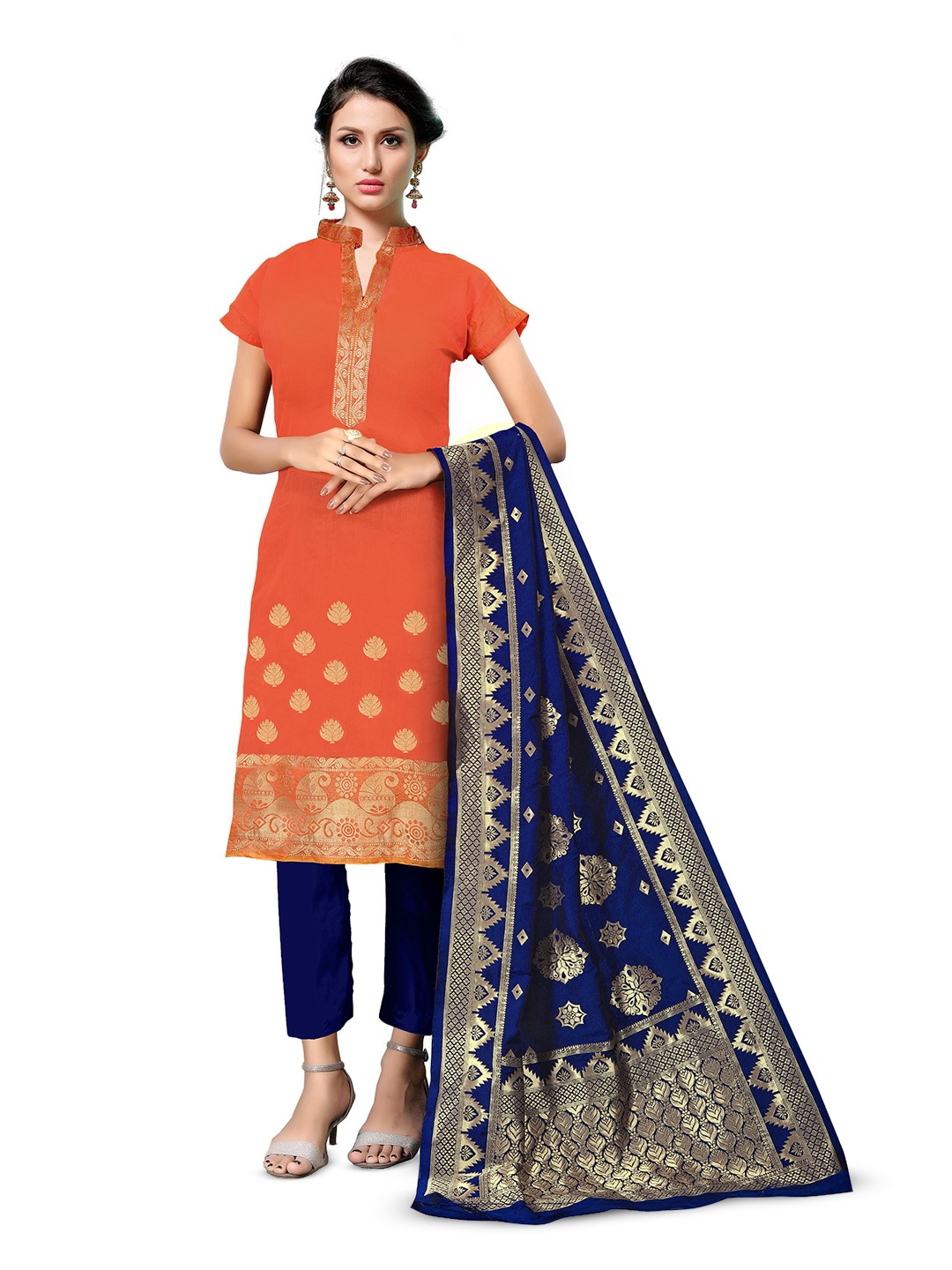 

MANVAA Ethnic Motifs Woven Design Zari Unstitched Dress Material, Orange