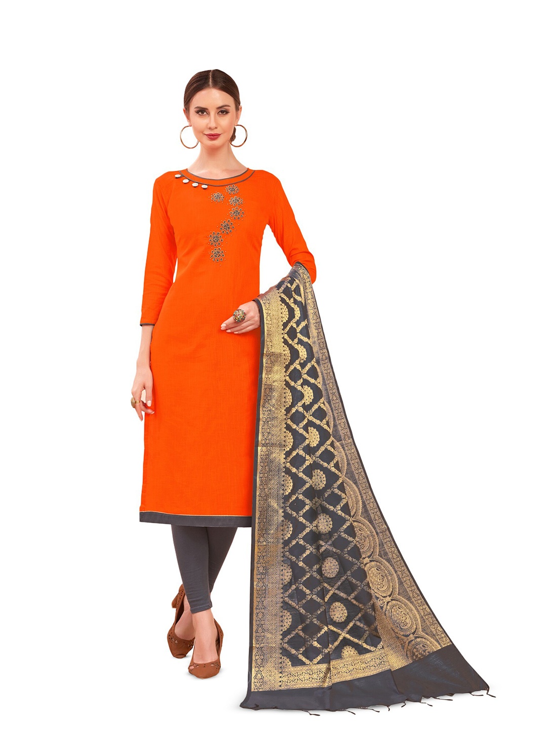 

MANVAA Floral Embroidered Unstitched Dress Material, Orange