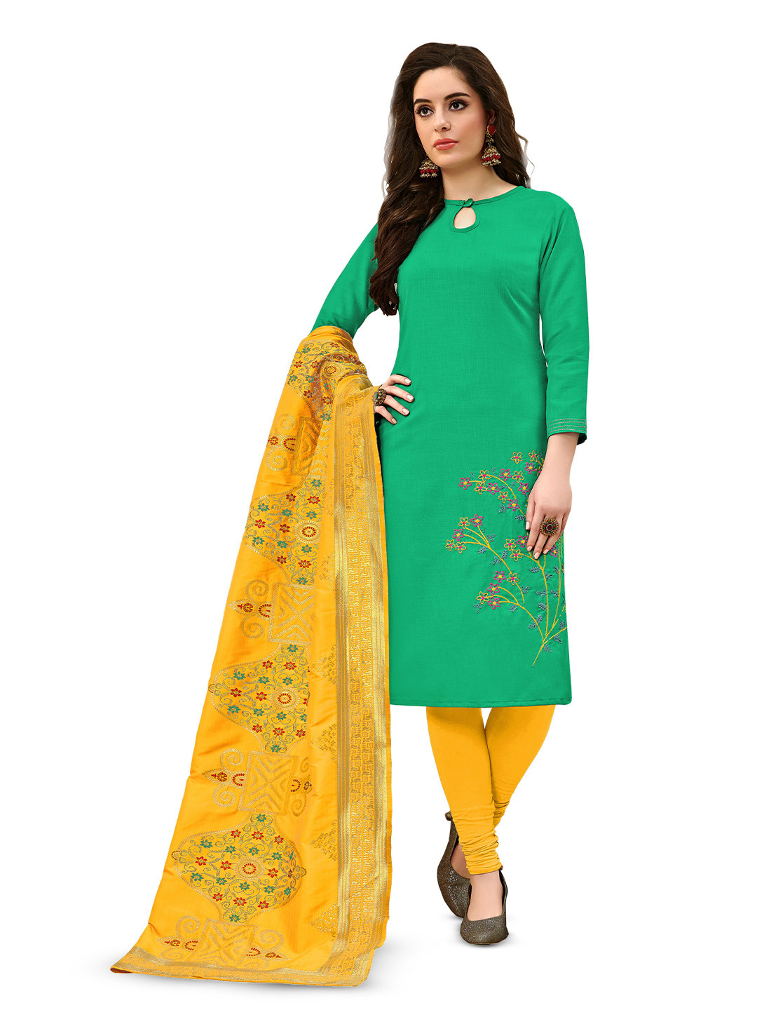 

MANVAA Floral Embroidered Unstitched Dress Material, Green