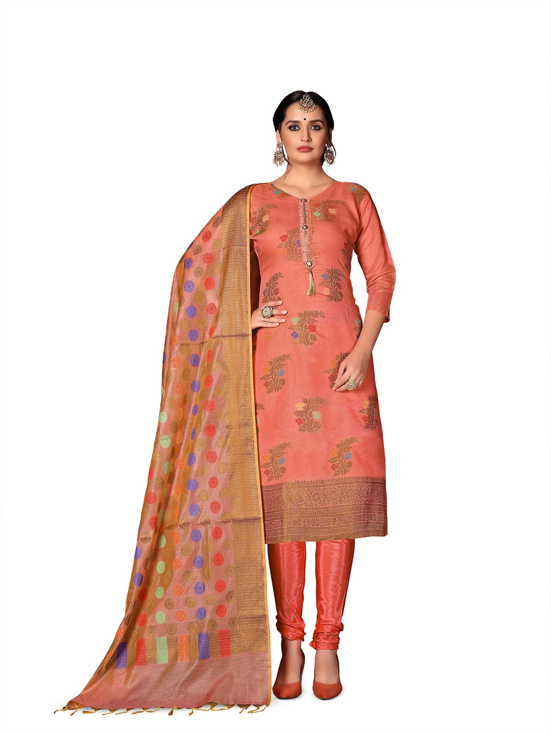 

MANVAA Floral Woven Design Unstitched Dress Material, Orange