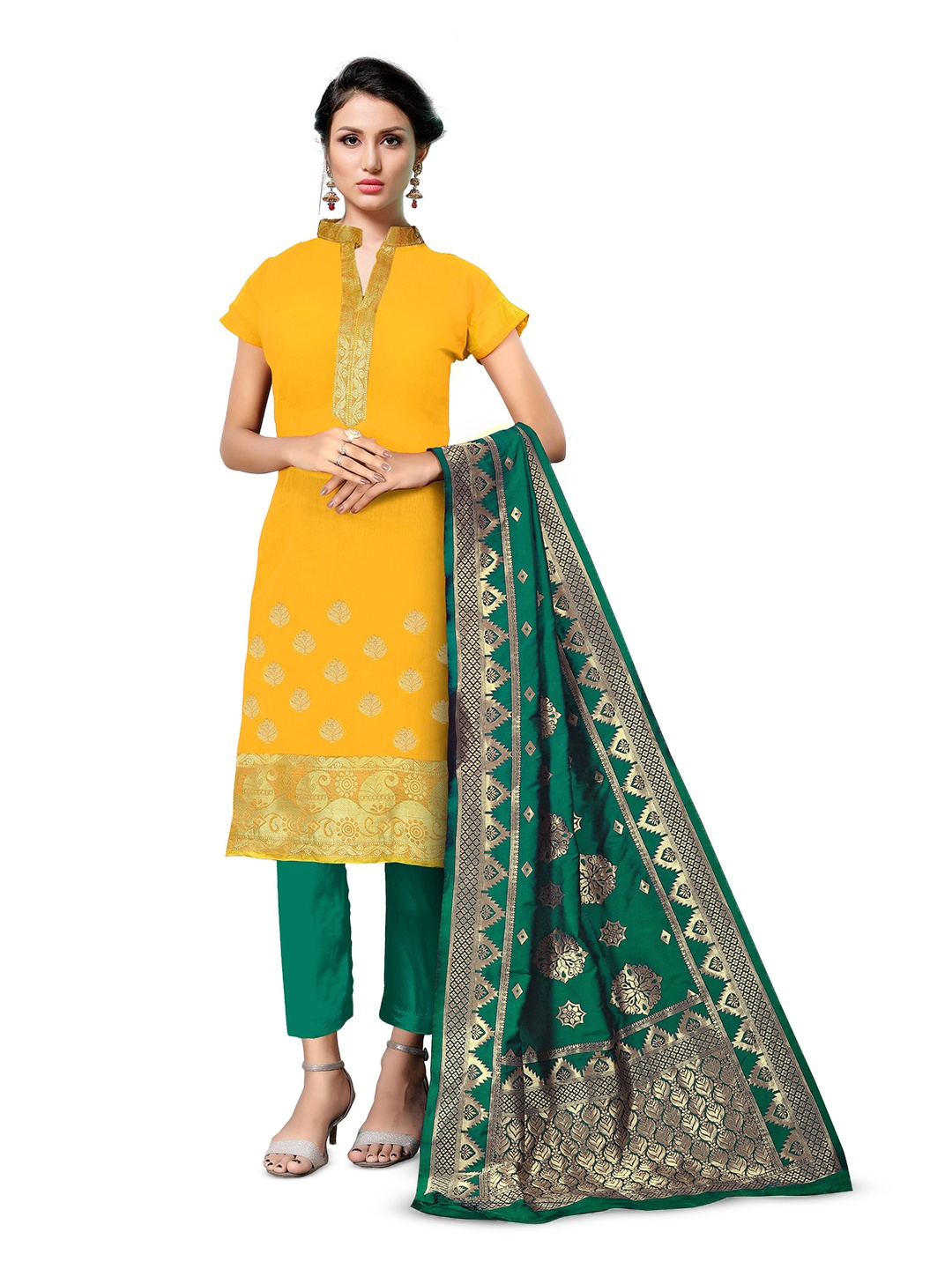 

MANVAA Ethnic Motifs Woven Design Banarasi Silk Unstitched Dress Material, Yellow