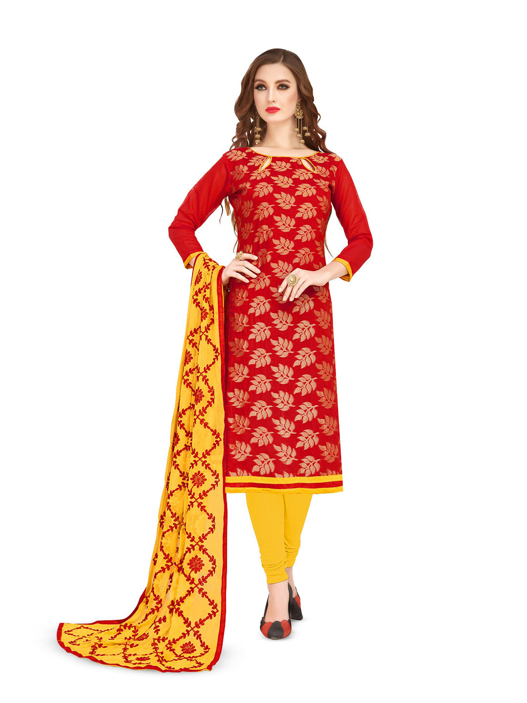 

MANVAA Ethnic Motifs Woven Design Banarasi Jacquard Unstitched Dress Material, Red