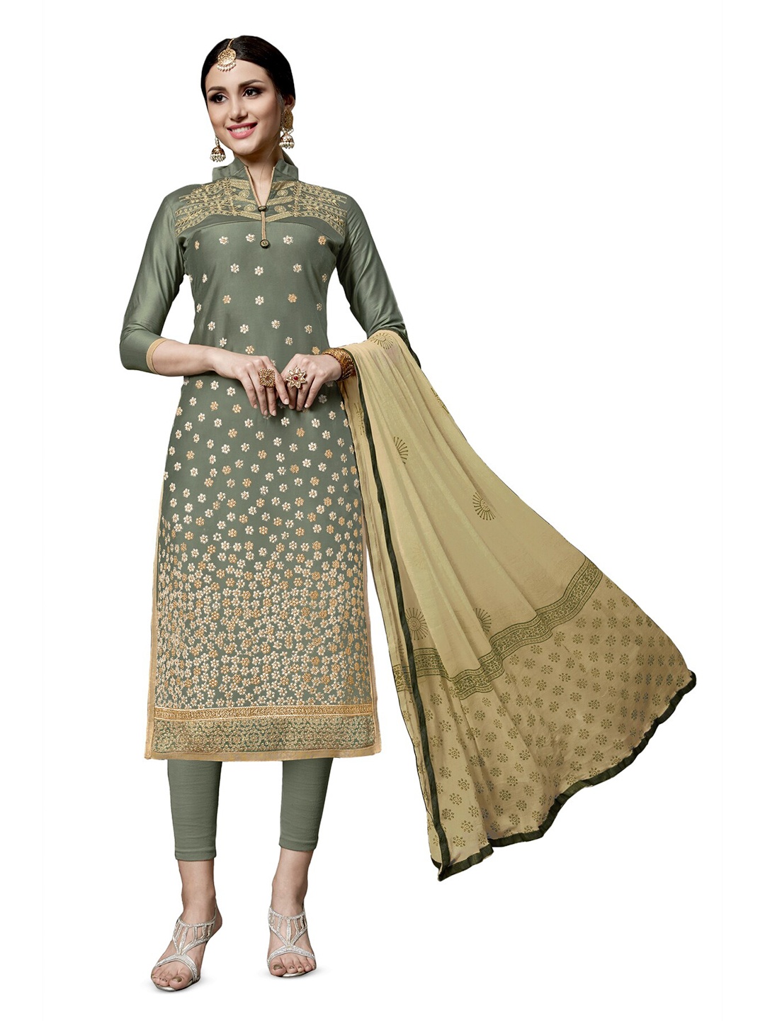 

MANVAA Floral Embroidered Pure Cotton Unstitched Dress Material, Olive