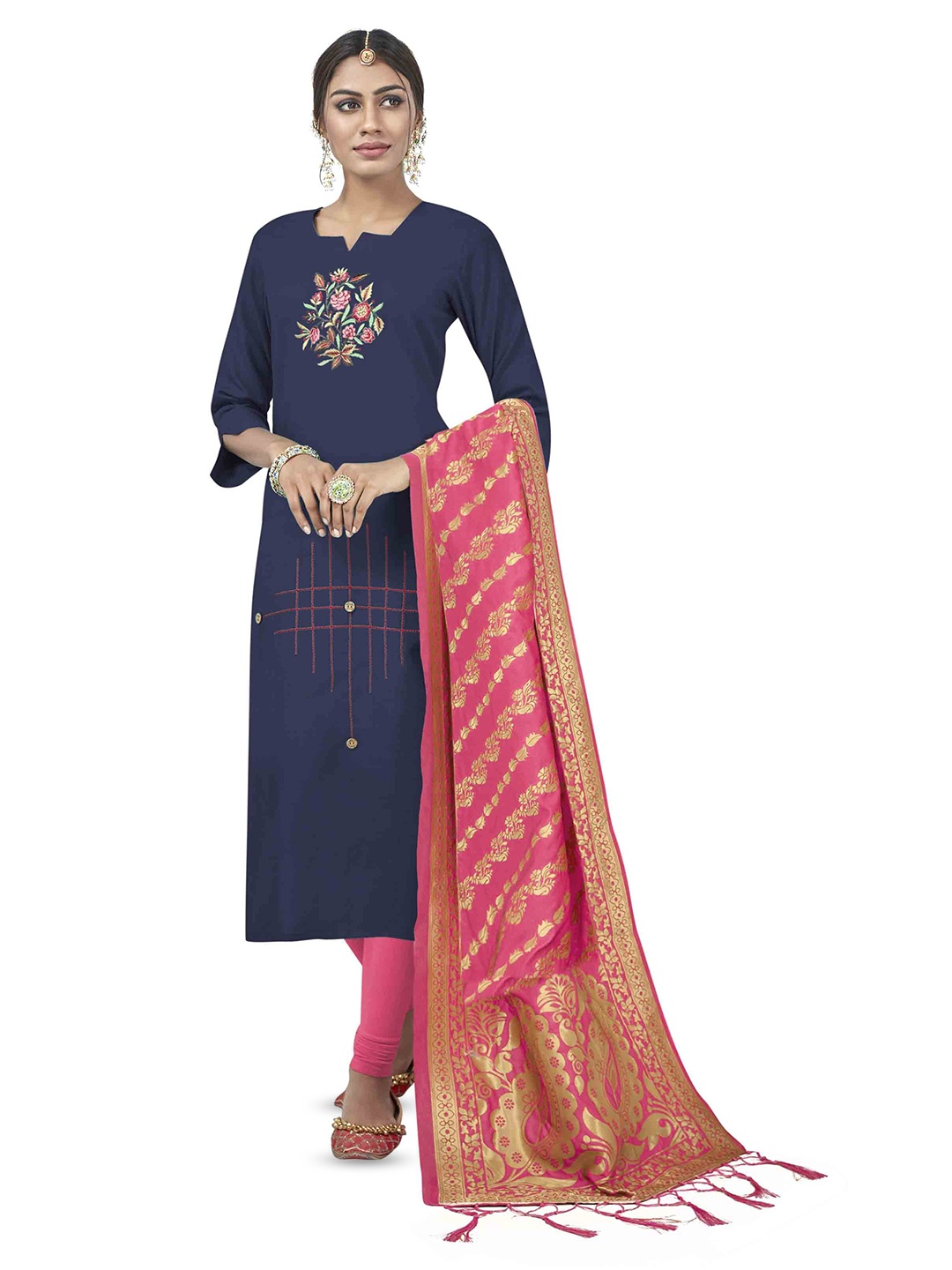 

MANVAA Floral Embroidered Unstitched Dress Material, Navy blue