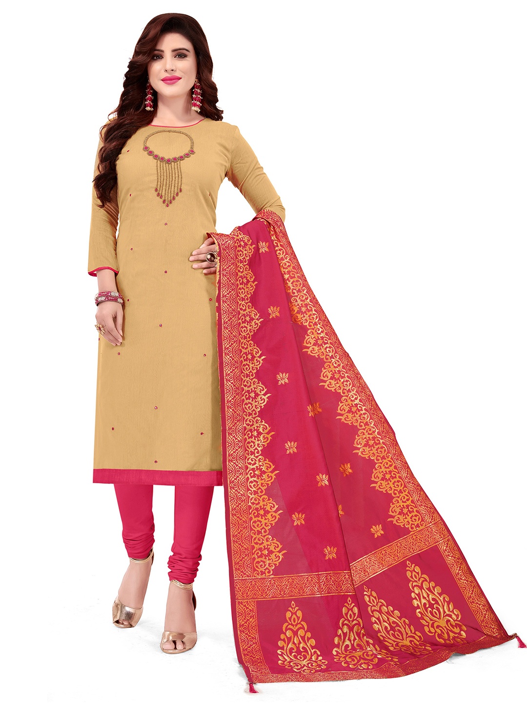 

MANVAA Embroidered Unstitched Dress Material, Beige