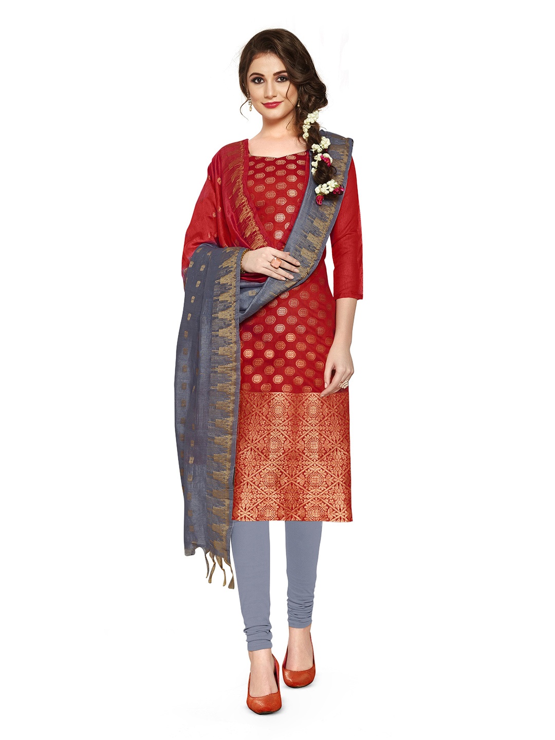 

MANVAA Ethnic Motifs Woven Design Unstitched Dress Material, Red