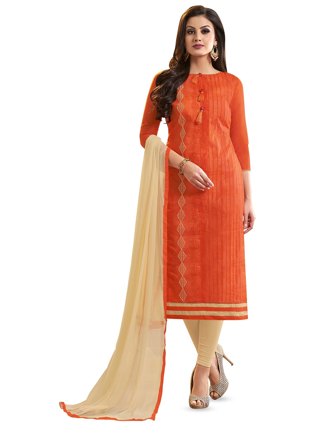 

MANVAA Geometric Embroidered Unstitched Dress Material, Orange