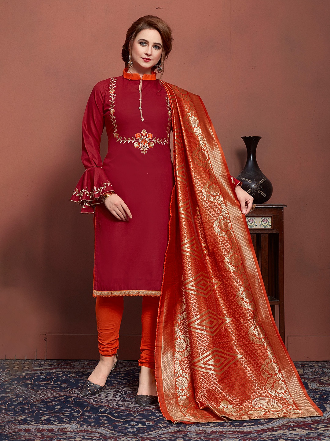 

MANVAA Floral Embroidered Unstitched Dress Material, Maroon