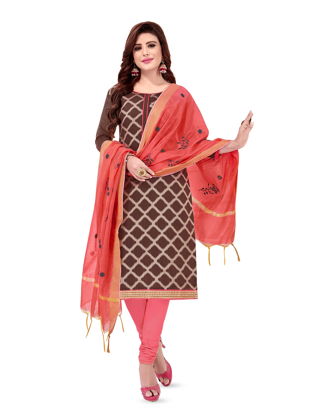 

MANVAA Geometric Woven Design Unstitched Banarasi Jacquard Dress Material, Brown