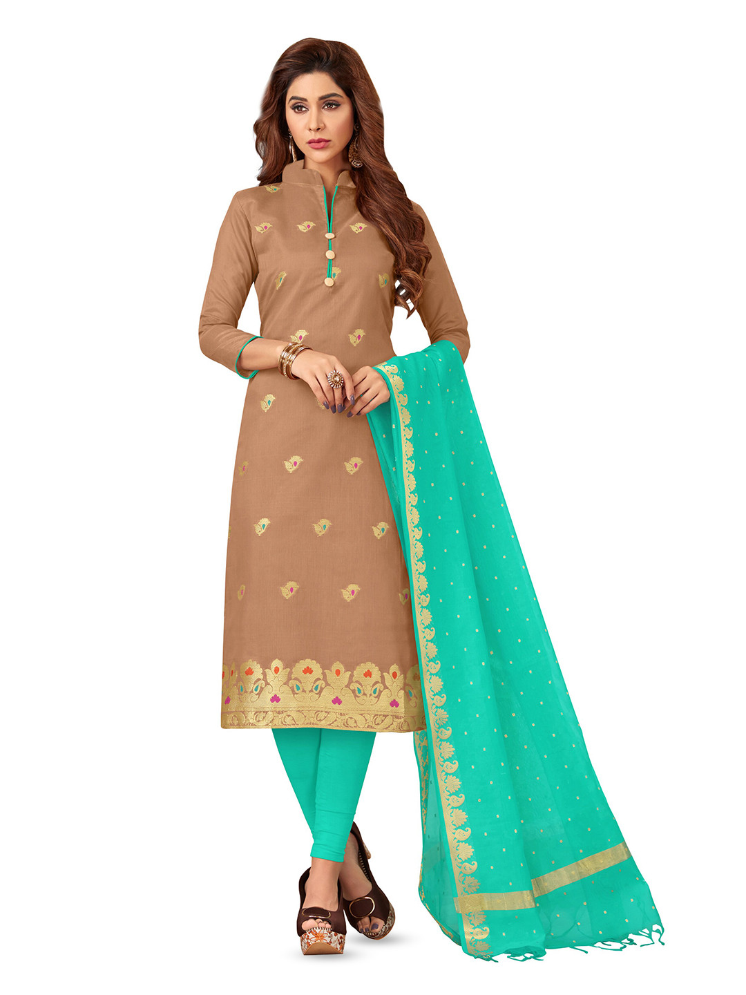 

MANVAA Floral Woven Design Unstitched Dress Material, Brown