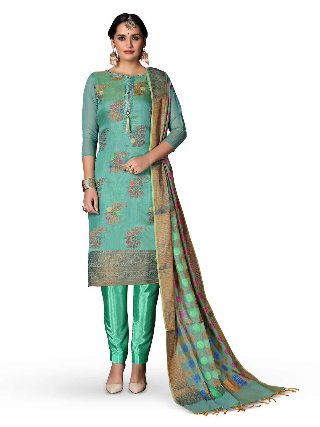 

MANVAA Floral Woven Design Unstitched Dress Material, Blue