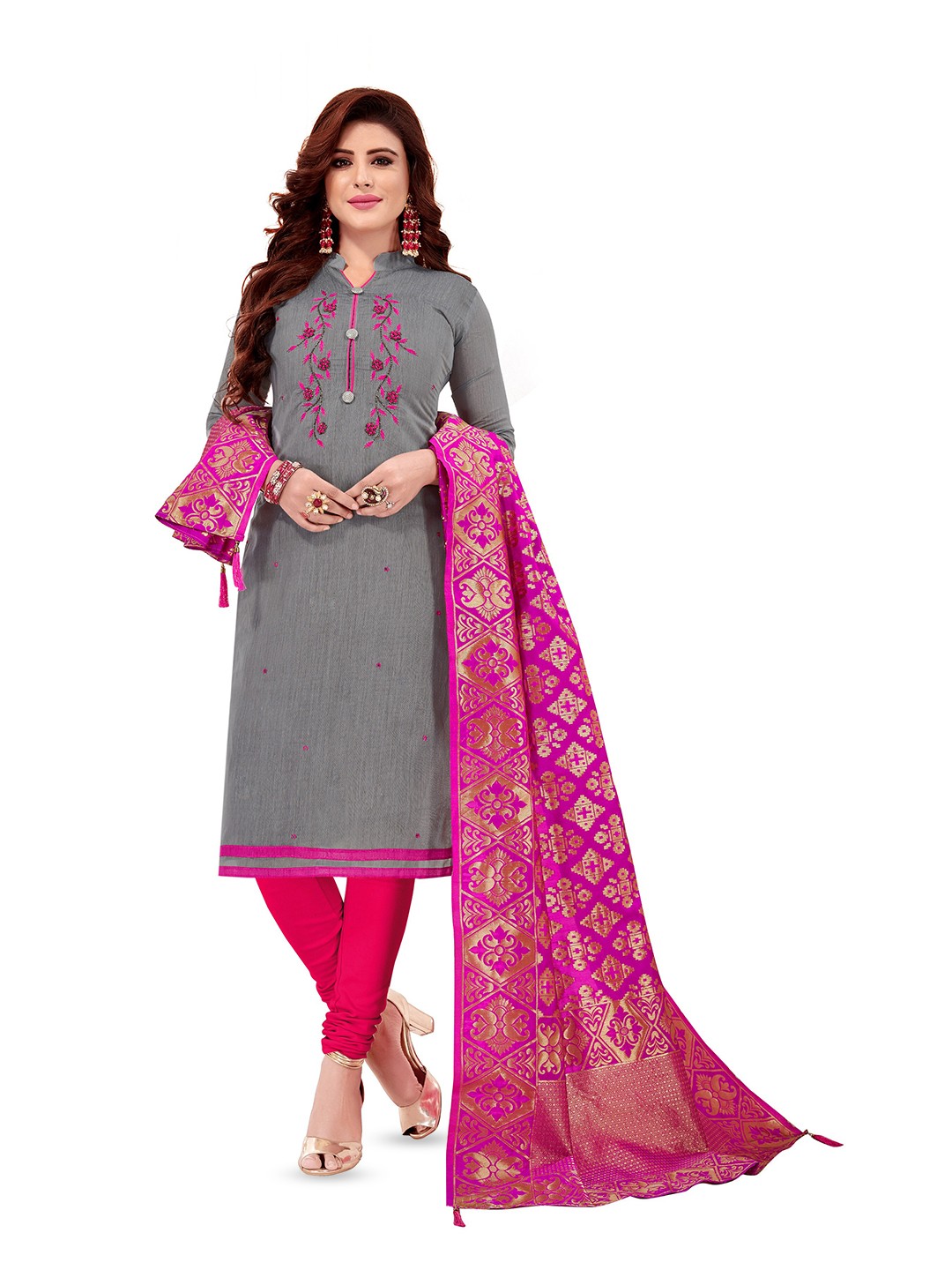 

MANVAA Floral Embroidered Unstitched Dress Material, Grey