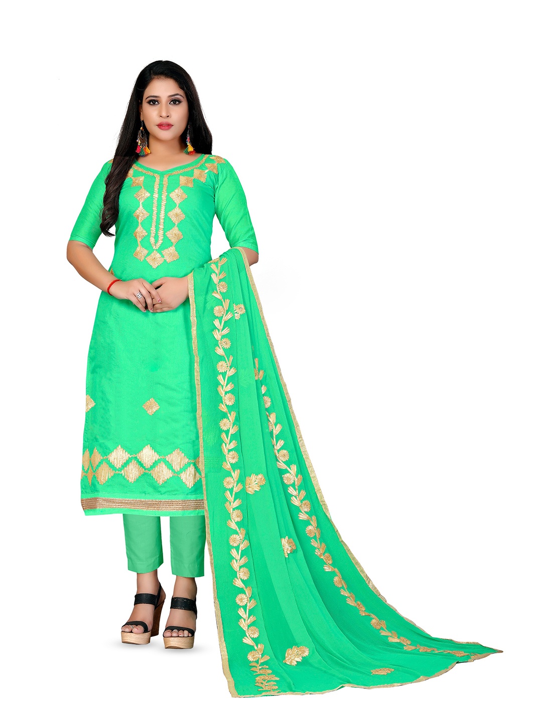 

MANVAA Ethnic Motifs Embroidered Zari Unstitched Dress Material, Green