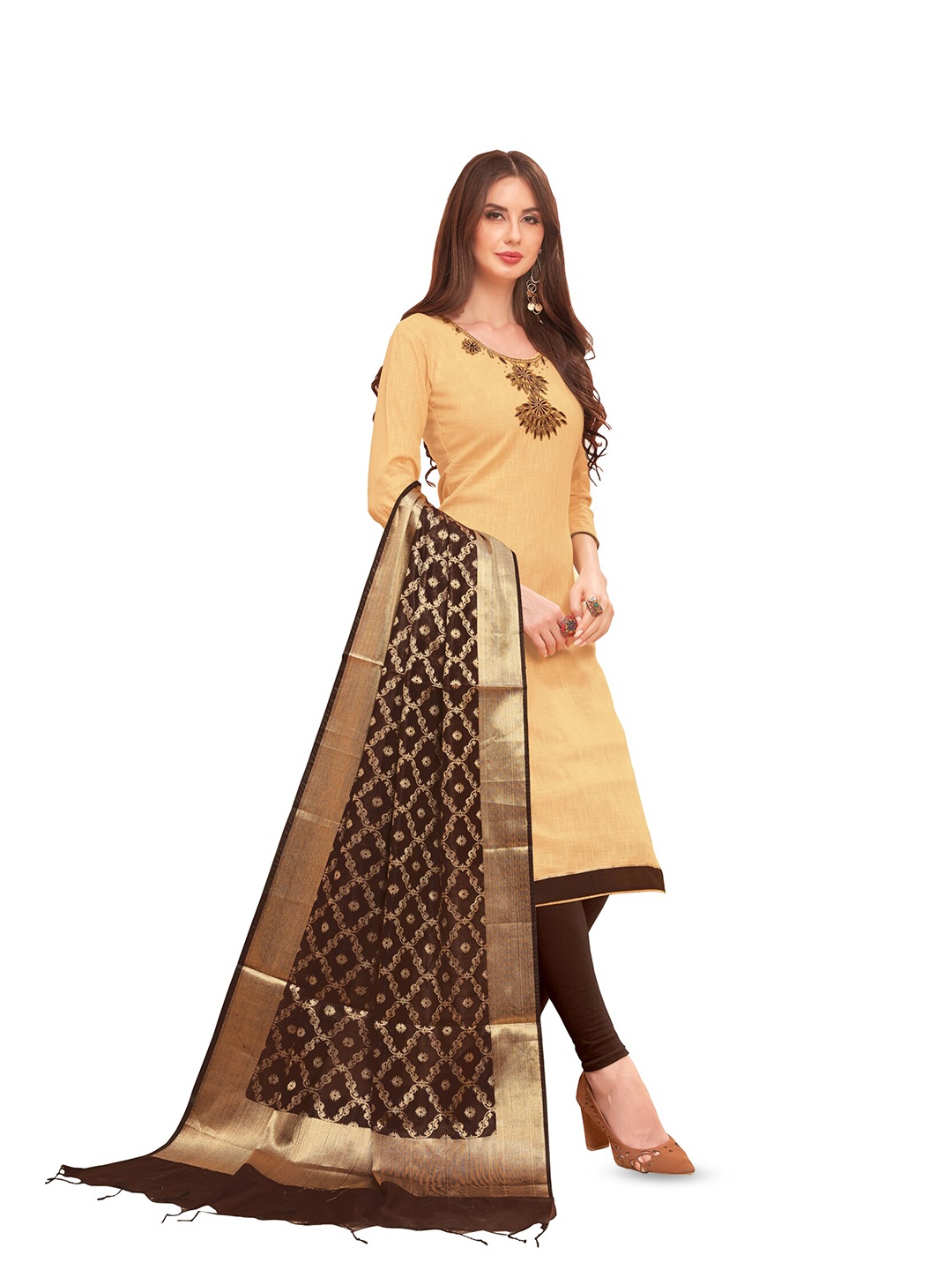 

MANVAA Embroidered Unstitched Dress Material, Beige