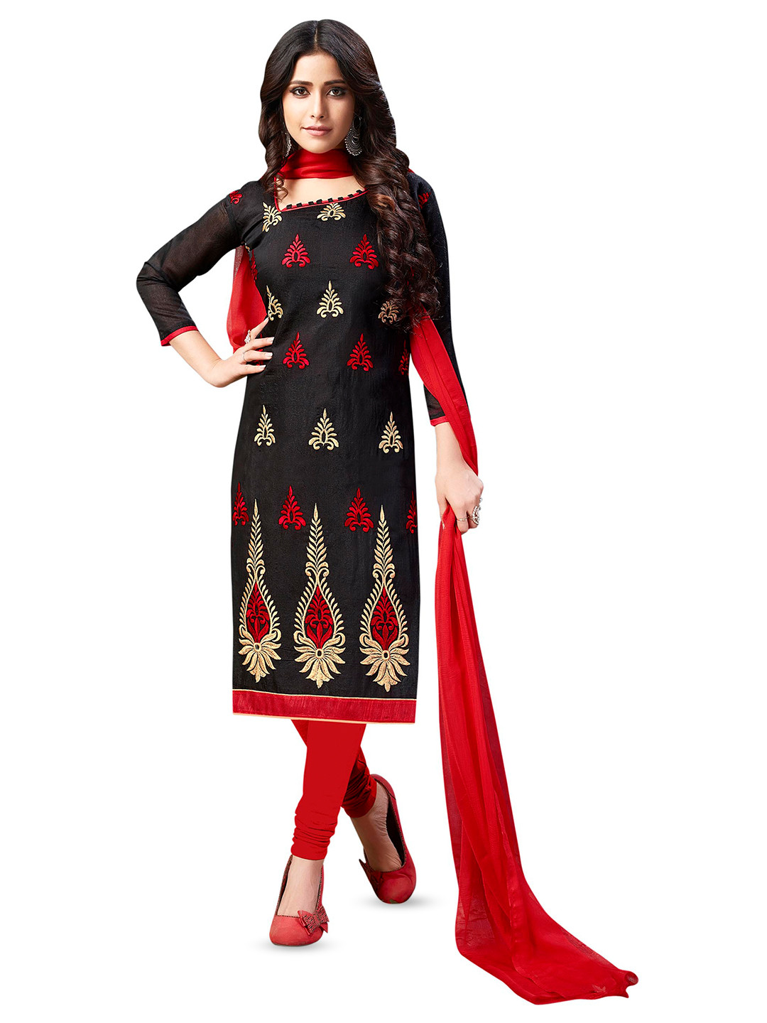 

MANVAA Ethnic Motifs Embroidered Thread Work Chanderi Cotton Unstitched Dress Material, Black