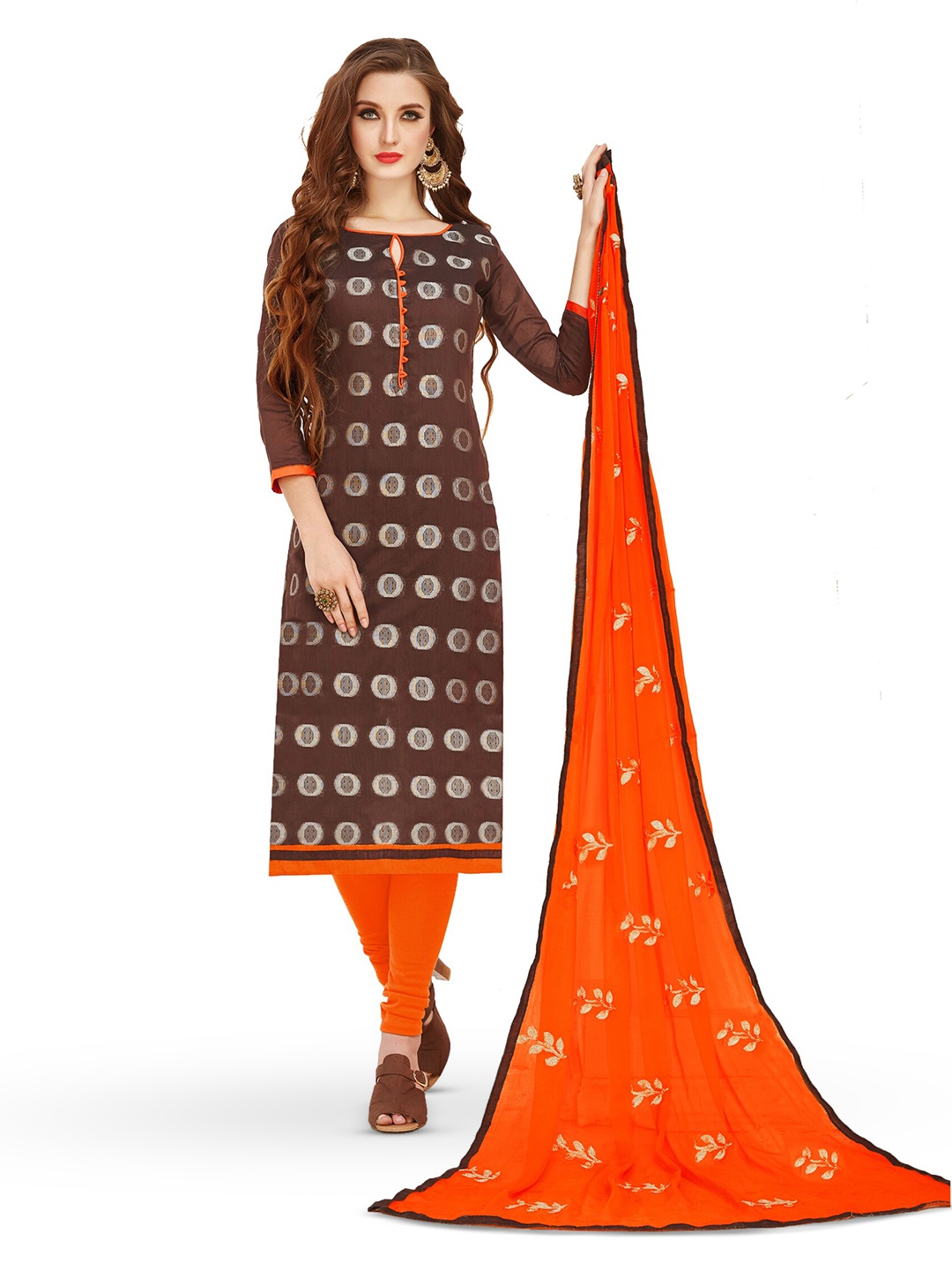 

MANVAA Floral Woven Design Unstitched Dress Material, Brown