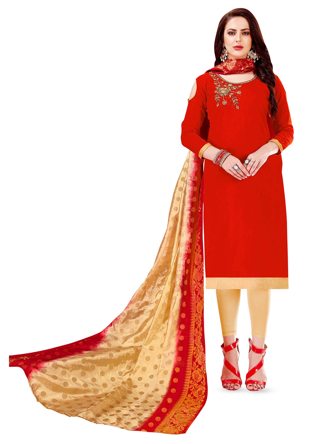 

MANVAA Floral Embroidered Thread Work Slub Cotton Unstitched Dress Material, Red