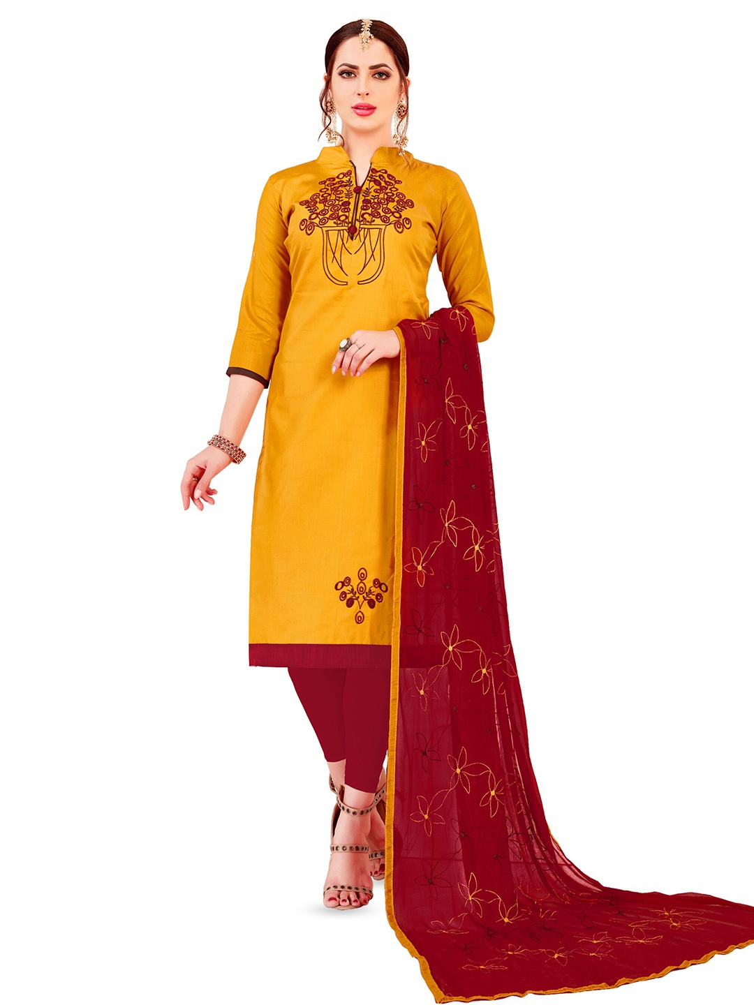 

MANVAA Ethnic Motifs Embroidered Unstitched Dress Material, Yellow