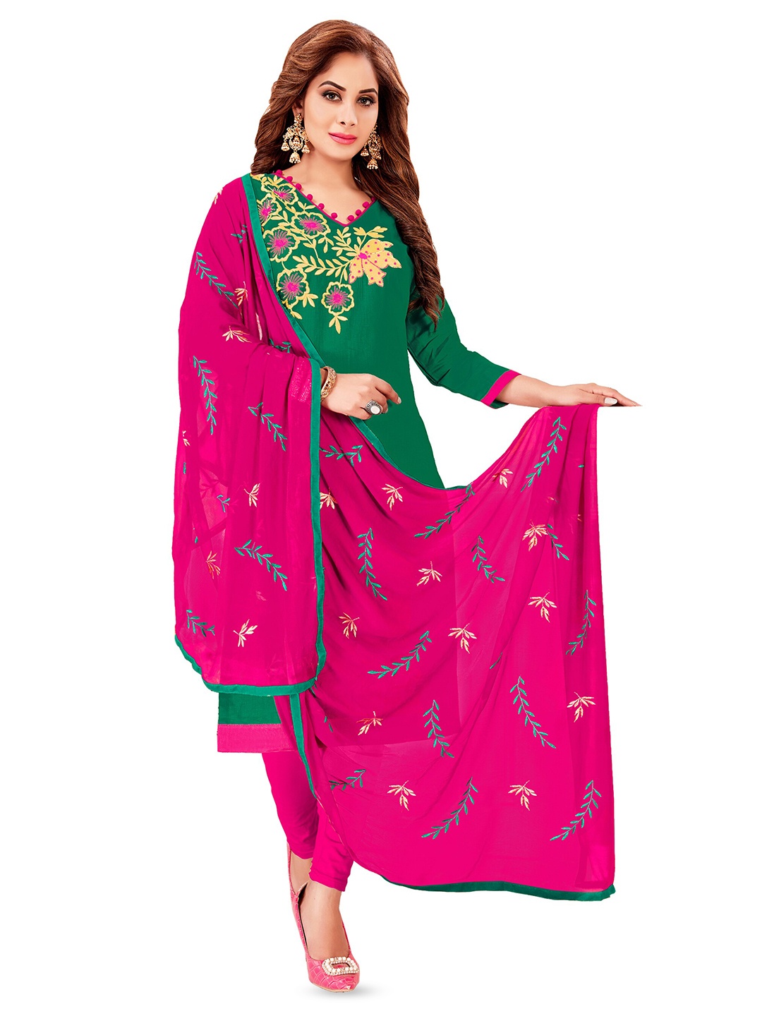 

MANVAA Floral Embroidered Unstitched Dress Material, Green