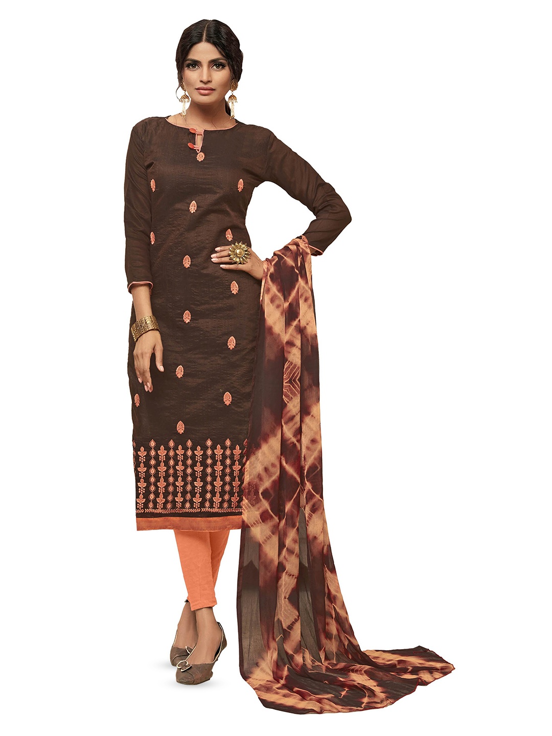 

MANVAA Floral Embroidered Unstitched Dress Material, Brown