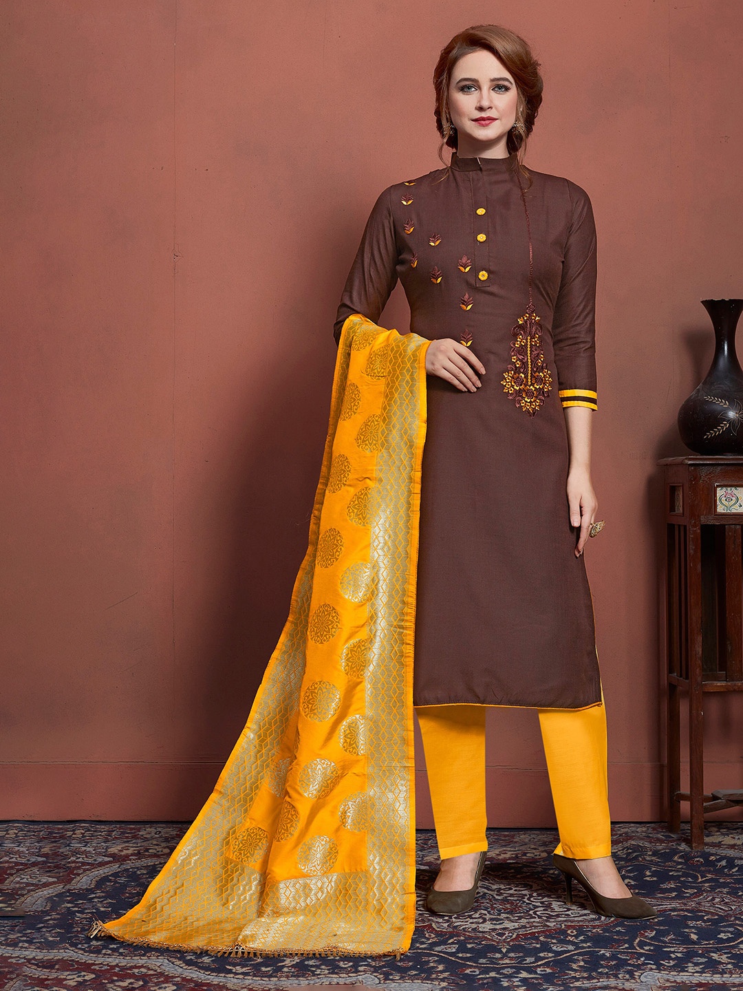 

MANVAA Ethnic Motifs Embroidered Unstitched Dress Material, Brown